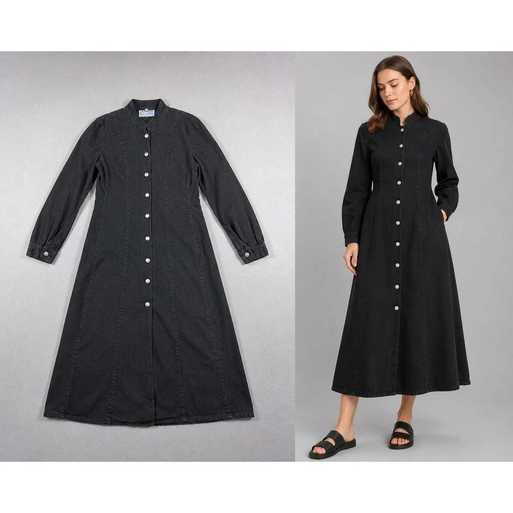 Vintage Denim Long Dress Women Medium Button Down Long Sleeve Black 90s Cottage - Picture 2 of 9